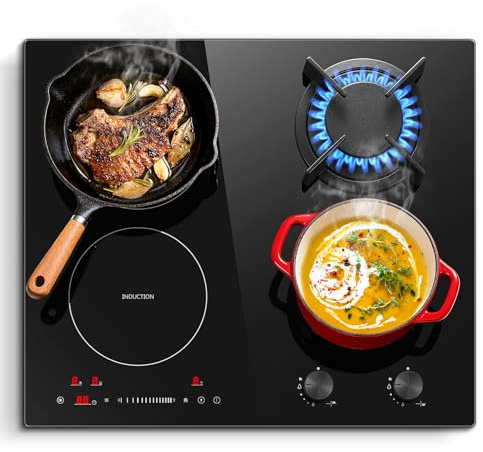 SNDOAS 59cm Gaskochfeld Induktionskochfeld Kombination Einbau, 7500W Gesamtleistung, 2x Induktion (4100W) mit Boost & Brückenfunktion, 2x Gas (3400W) mit Wokbrenner, Timer, Kindersicherung, Schwarze