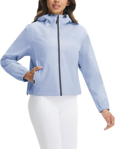 baleaf Giacche impermeabili da donna con cappuccio Softshell giacca a vento leggera da donna corta cappotto antipioggia per escursioni all'aperto passeggiate ciclismo, Azzurro, L