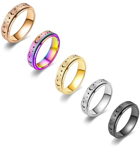 LIULINY 5 Pièces Bague Anti Stress Femme, Acier Titane Anneaux Spinner pour Stress et Anxiété, Finition Sablée Lune Etoile Bague Antistress, pour Hommes Femmes Soulage L'anxiété Valentin Anniversaire