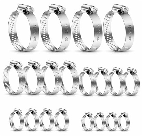 WELHAEPI 20 Pcs Hose Clamps Set, 6-38mm Adjustable 304 Stainless | Jubilee Pipe Clips Assortment Kit – Worm Drive Hose Clamps for Garden, Pool, Plumbing & Automotive, Rustproof Metal Clips Set
