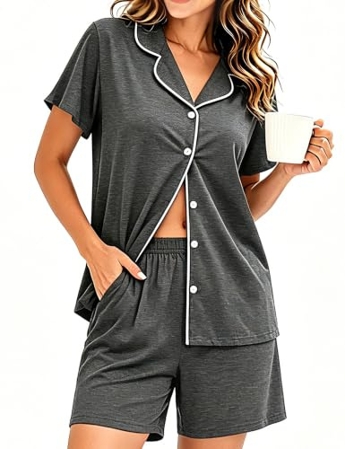 SWOMOG Pyjama Sets for Women 2 Piece Short Sleeve Sleepwear Button Down Soft Pjs Ruffle Sleeve Lounge Sets with Pockets