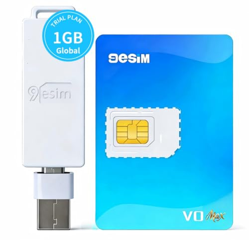 9eSIM V0MAX - Kit de lector y tarjeta eSIM para iPhone/Android/router desbloqueado - Adaptador SIM a eSIM, 1 MB, 30 perfiles + 1 GB de datos libres, menú STK, descargas ilimitadas, precortado, viajes