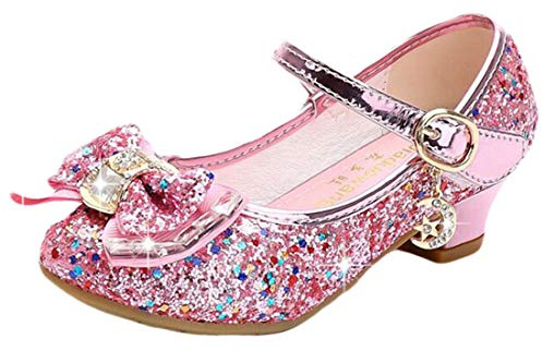 mama stadt Prinsesskor för flickor, glitterskor för barn, högklackade skor, paljetter, cosplayskor, för fester, bröllop, kardborreband, sandaler, eleganta flickskor med klack, ROSA, 31 EU
