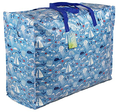 Large 65L Storage Bags, Blue Seaside Print | Water & Dust Resistant, Double Zipped, For Toys, Laundry, Bedding, Underbed Wardrobe Space Saver