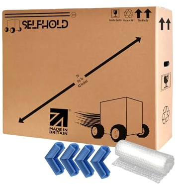 TV Boxes Kit for Moving House with Foam Corners & Bubble Wrap- Available Size 22 inch to 85 inch - Double Wall Solid Cardboard TV Box for Packing, Storing, Shipping | With Handles and Extra Strength