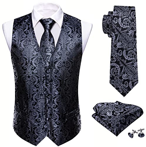Barry.Wang Ensemble de gilet pour homme motif cachemire en jacquard de fleurs en soie avec col V, gilet de costume et cravate, poche carrée et boutons de manchette pour mariage, smoking, bal, noir