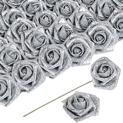 ICBOX Fiori artificiali, 30 fiori artificiali in schiuma glitterata argentata con stelo, rose glitterate argento lucido, per bouquet di nozze, feste, decorazioni per la casa (argento)