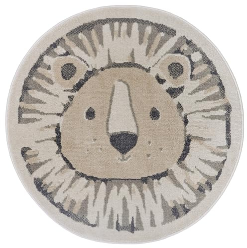 Hanse Home Adventures Alfombra Infantil Redonda, diseño de Leones, diseño de Animales, para habitación de niños, Sala de Juegos, habitación Juvenil, salón, Color Crema Gris, 140 cm