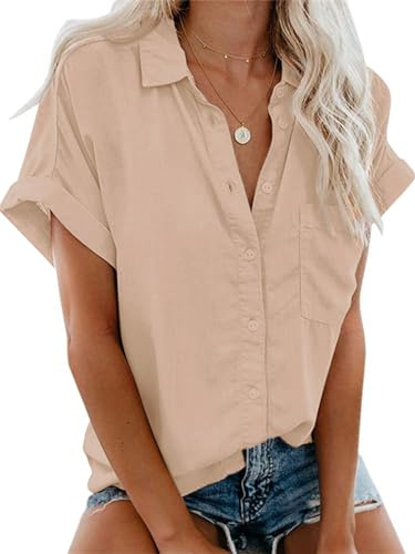 Friptspyg Women's Blouses Shirts 100% Cotton Long Sleeve Botton Down Shirts for Women UK, Apricot XXL