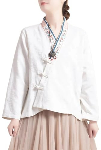 Style Chinois Rétro Coton Lin Haut Femmes Grande Taille Broderie Traditionnelle Hanfu Blouse À Manches Longues Chemise Fluide (Color : White, Size : M)