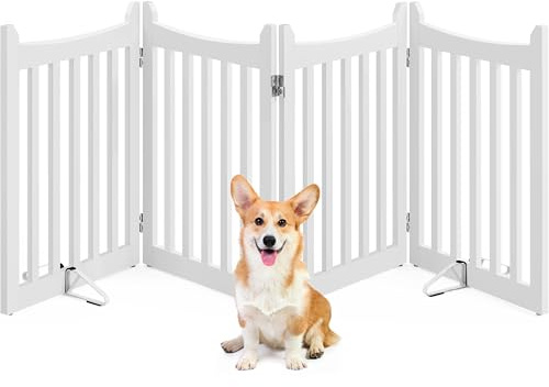 Yaheetech Wooden Dog Gate Indoor 4 Panels Freestanding Pet Fence with Support Feet for Small and Medium Dogs, Stair Barrier for House/Stairs/Doorway (White,61 cm H X 205cm L)