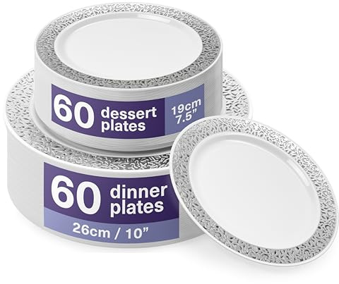 MATANA 120 premium vita plasttallrikar med silverspetskant – 60 26 cm middagstallrikar, 60 19 cm desserttallrikar – elegant och återanvändbar festservis för bröllop, födelsedagar, grillning, fester