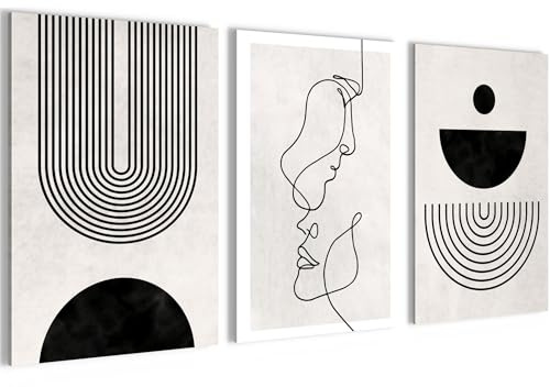 Novart Bilder Set Abstrakte Figuren - Kein Extra Rahmen benötigt - Wandbilder für Wohnzimmer Schlafzimmer Flur - 3 Teilig Deko Beige Schwarz - N033336a