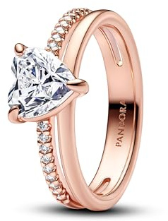 PANDORA Anillo doble con corazón de oro rosa 183100C01, 56/17,8, Plata de ley, Zirconia cúbica