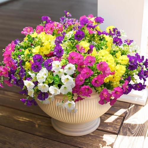 Weldomcor Lot de 12 Fleurs Artificielles Extérieures 4 Couleurs UV Résistant Bouquets Fausse Fleurs Plantes Artificielles pour Cimetiere Mariage Jardin Jardinière Balcon Extérieur et Intérieur