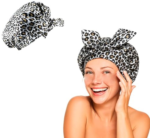 Flomiara Shower Cap for Women, Shower Hat, Waterproof Reusable Shower Caps, Hair Shower Caps for Long, for Both Men Women, Silky Sleep Bathing Cap for Long Curly, White Leopard Print Design