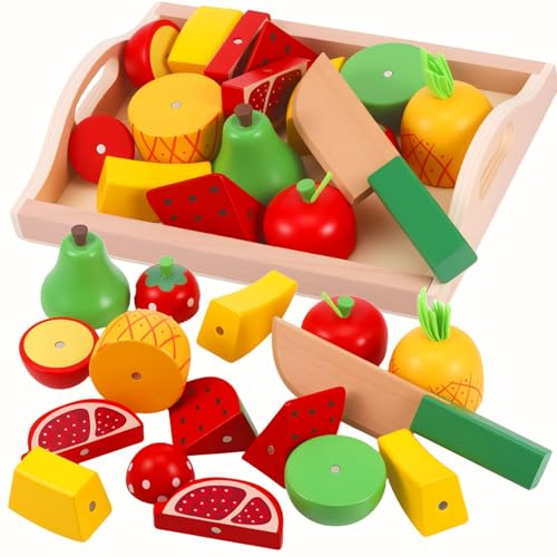 Zourglow Jouets en Bois Fruits à Découper, Aliments Dinette Enfant Jeu de Coupe Montessori avec Bois Panier, Cuisine Jeux Accessoire Aliment Nourriture pour Garçons Filles 2 3+ Ans