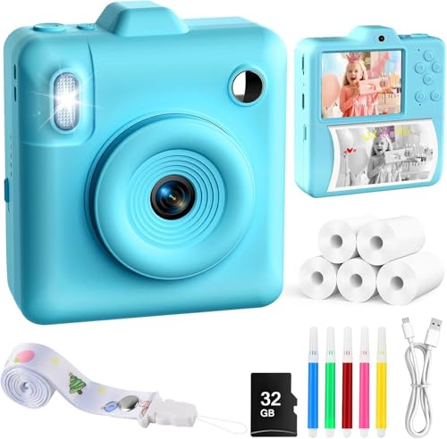 UIONVO Camara Fotos Infantil Instantanea,1080P Camara Fotos Infantil con Tarjeta de 32GB y Papel de Impresión Cámara Instantánea Cumpleaños para Niños y Niñas de 3 a 12 Años,Azul