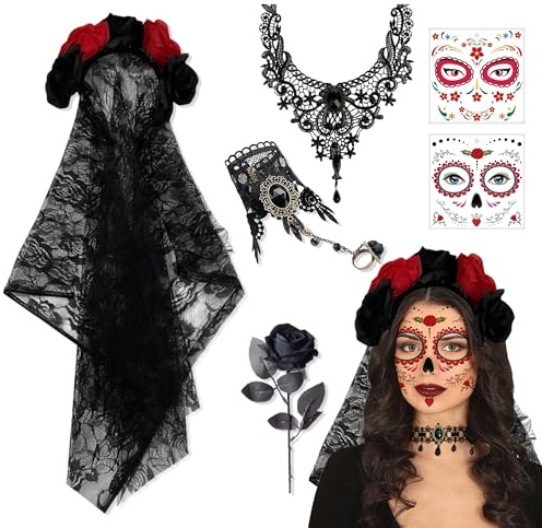 JNYUTEEN 6 Pièces Halloween Jour des Morts Bandeau, Dia de los Muertos Serre-Tête et Voile Collier Bracelet Roses et Autocollant Tatouages, Deguisement Halloween pour Costume Cosplay Soirée Carnaval