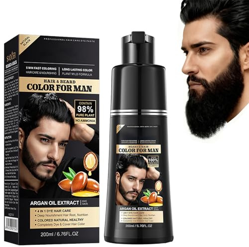 Noir Coloration Homme 4-en-1 Shampoing Colorant Noir pour Cheveux et Barbe, Teinture Barbe Homme Naturelle et Semi-Permanente, Hair Color Shampoo Facile à Domicile, 200ml