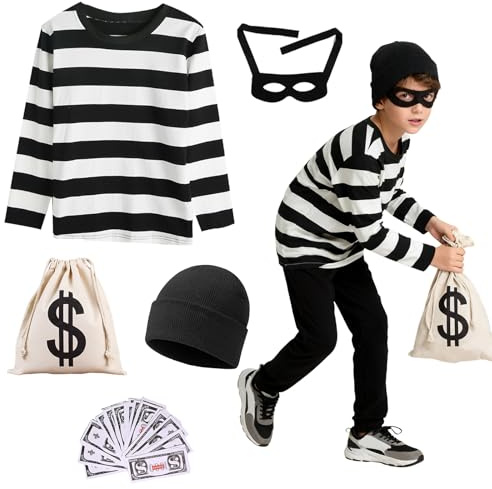 Xerteam Barn rånarkostym, inbrottare maskeraddräkt, barn råntjuv kläder med svartvitrandig topp hatt ögonmask kanvasväska falska räkningar för cosplay halloween fest karneval