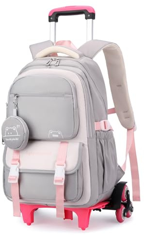 Tanou Skolryggsäck, trolley för flickor, 30 l ryggsäck, tonåring med hjul, avtagbar vagn, skolväska, flicka för grundskola, sekundärskola, ledig skolväska med 6 hjul, GRÅ, 32x20x47 cm, Avslappnad