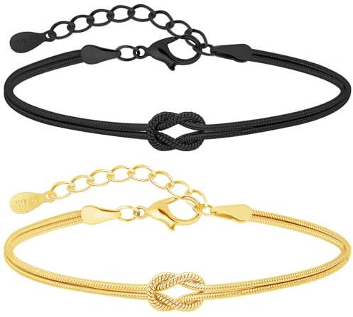 J.Fée 2Pcs Knoten Armband Damen Silber 925, Verstellbare Pärchen Armband, Freundschaftsarmbänder, Paar Armbänder Set, Schmuck Damen, Geschenke für Frauen Geburtstag Jahrestag, Gold+Schwarz