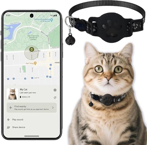 Collar GPS Gatos, GPS para Gatos sin Cuota Mensual, No Requiere SIM (Solo Android), Collar Localizador Compatible con goo- gle Find My (Collar + rastreador Negra)