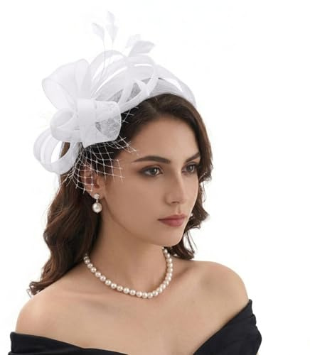 DRESHOW Fascinatorhatt för Kvinnor Cocktailhattar för Tesällskap | Fascinatorhatt Vintage-stil med Nät Blommor Fjädrar, Derbyhatt för Bröllop i Kyrkan