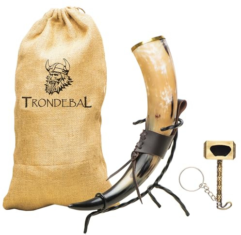 Trondebal Viking Drinking Horn 15-20 oz with Metal Stand | Hand-Crafted Ox Horn Cup for Mead, Ale, Beer | Medieval Norse Gift & Home Bar Décor, Food-Safe Lacque Unique Beer Gift for Men and Women