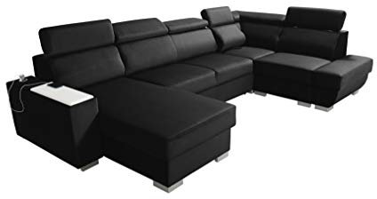 Robin Cezar Ecksofa Schlaffunktion Bettkasten Verstellbare Kopfstützen Sofa L-Form Schlafsofa Freistehende Eckcouch Schlafcouch Wohnzimmermöbel inkl. Laptoptisch Steckdose Rechts Schwarz