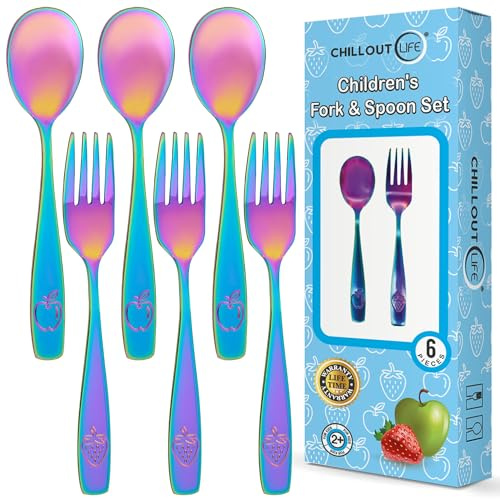 CHILLOUT LIFE Stainless Steel Kids Silverware Set 6 Pieces, UV Rainbow