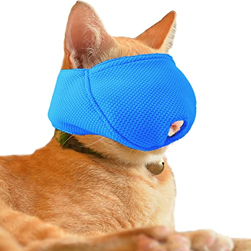 OHCOZZY Museruola Gatto con Rete Traspirante, Maschera per La Bocca del Gatto per Prevenire I Morsi e La Masticazione(S, Blu)
