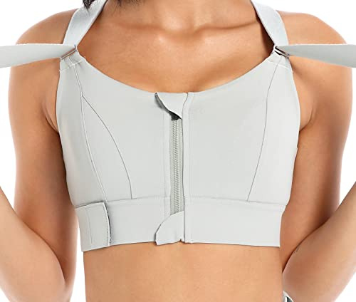 CLOUSPO Women Sports Bra Front Fastening High Impact Zip Front Post Surgery Running Yoga Zip Front Bras Crop Top with Adjustable Straps (L, Light-Blue)