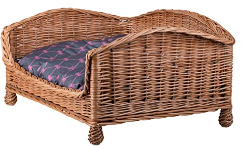 E-wicker24 Alles aus Weide Djurkorg/hundkorg, ett lager av pilträd för en hund/katt med en mjuk kudde, en solstol för djur, kattlager/hundlager, hundsäng/kattsäng (64 x 42 H35, grå)