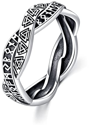 Friggem Anillos Hombre para Nórdico Runa S925 Plata Esterlina Joyería de Protección Vikingo Religioso para Familias Anillo Hip Hop de boda (54(7))