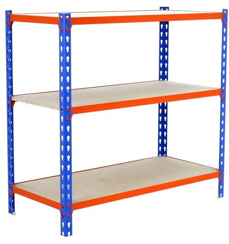 Simon Rack Förvaringshylla med 3 Trähyllplan, 1000x1100x300 mm – Garagehylla i Blå/Orange/Galvaniserad, 200 kg Belastning per Hyllplan – Simonclick