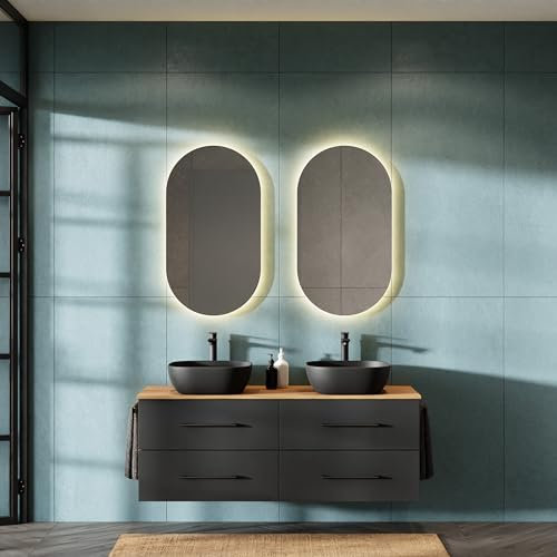 Planetmöbel Lux Ensemble de meubles de salle de bain avec meuble bas 140 cm suspendu + 2 lavabos à poser 42 cm noir, meuble de lavabo chêne doré/anthracite