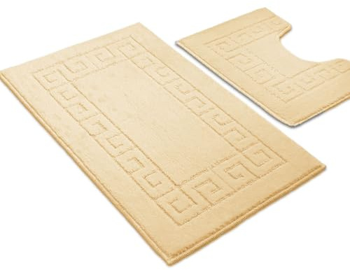 Ambience Products Greek Key Pattern Bath Mats 2 Piece Sets Non Slip Bathroom Mat, Soft Washable Rug Quick Dry Water Absorbent Bathroom Shower Mat & Pedestal Set (Cream)