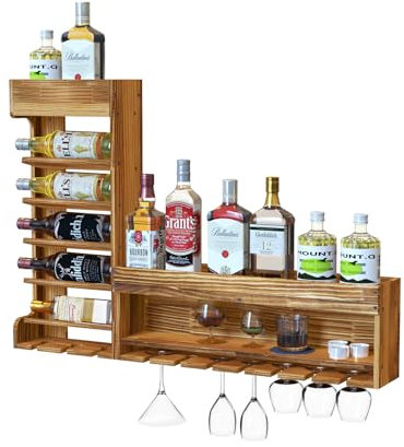 MYOYAY Geflammtes Holz Wand Weinregal, Vintage Holzregal Hausbar zum Hängen, Wandmontage Montiertes Barregal Flaschenhalter für Bars Küche Pokale Geschenk