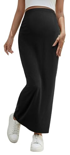 OYOANGLE Women's Maternity High Waist Long Maxi Skirt Casual Solid Adjustable Skirts Black Large
