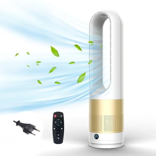 Ventilateur tour sans rotor avec purificateur d'air, 45,7 cm, silencieux, avec télécommande, 8 vitesses, oscillation à 80°, minuterie 8H, affichage LED, ventilateur sans lame pour chambre à coucher