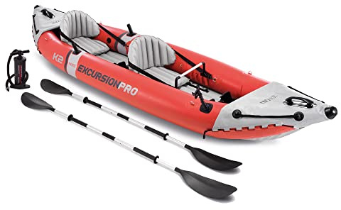 68309EP Excursion Pro K2 Ensemble de kayak gonflable : comprend des pagaies de kayak de luxe de 218,4 cm et une pompe à haut rendement – PVC super résistant – Siège baquet réglable – 2 personnes –