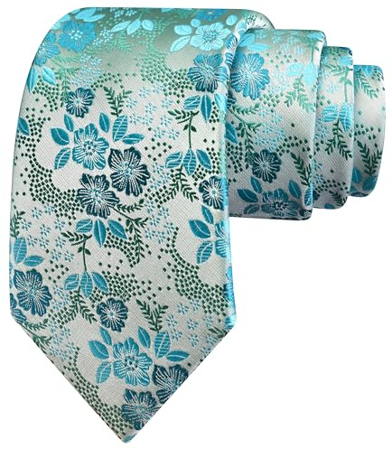 GUSLESON Mens Green Tie for Wedding Solid Silk Teal Blue Floral Necktie for Party (1037-17)