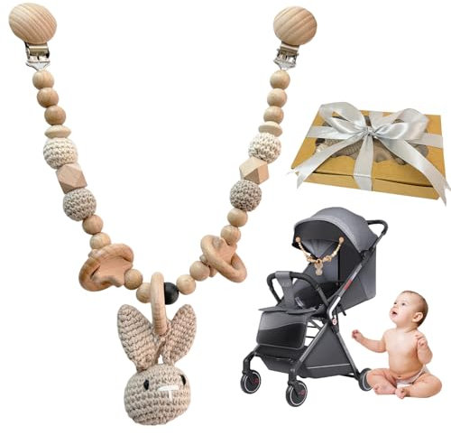 GYHWOFUL Catena per passeggino, coniglietto all'uncinetto, giocattolo con campane, carino a forma di animale, in legno, giocattolo per passeggino, regalo per nascita per neonati, ragazze e ragazzi