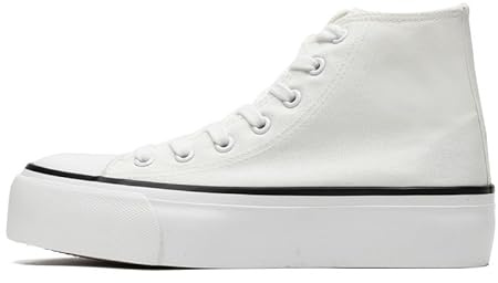 Women's Fashion Platform Trainers Ladies High Top Canvas Shoes Classic Platform Lace Up Sneakers Pumps Plimsolls Outdoor Sport Tennis Running Walking Shoes Breathable White