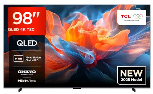 TCL 98T8C 98 QLED 4K HDR Ultra HD TV, Smart TV Powered by Google TV (Dolby Vision & Atmos, 144Hz Motion Clarity Pro, FreeSync, Onkyo 2.1 Sound, Voice Control)