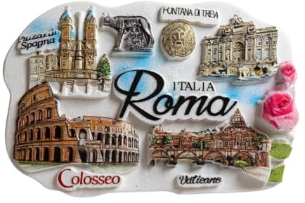Decorative Magnet Rome, Italian Souvenir with Colosseum and Historical Monuments, Trevi Fountain, Vatican