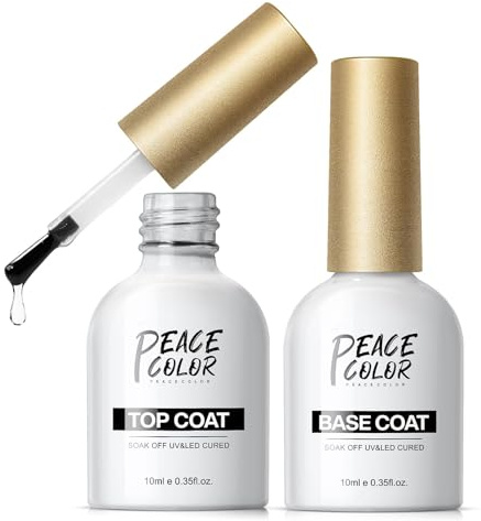 PEACECOLOR Gel Nail Polish No Wipe Top Coat and Base Coat Set,2 * 10ml Shine Finish Long Lasting Soak Off LED Lamp Nail Polish for DIY Nail Art Manicure at Home