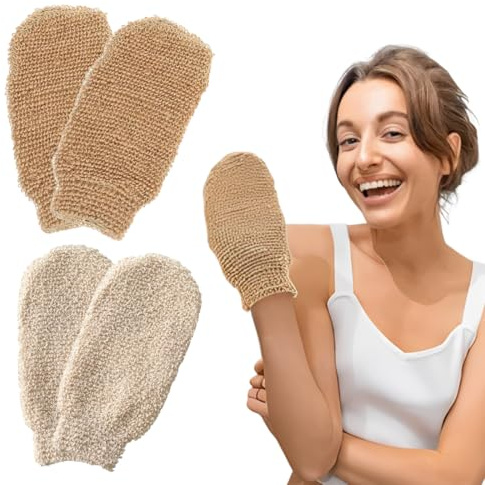4 Guanti Esfolianti in Fibra di Ramie Naturale, Set con Doppia Intensità, Guanto da Massaggio per Doccia e Trattamento a Secco, Adatto per Esfoliazione Corpo Viso e Cure Pelle
